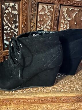 Black Lace-Up Wedge Booties - Women